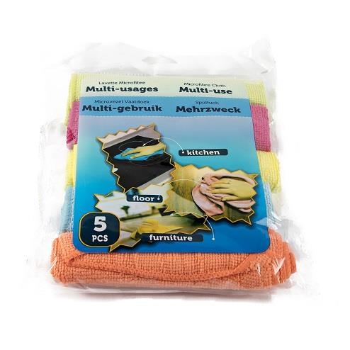 Lavette super microfibre NEW différents coloris emballées par 5 pièces dans un sachet à suspendre